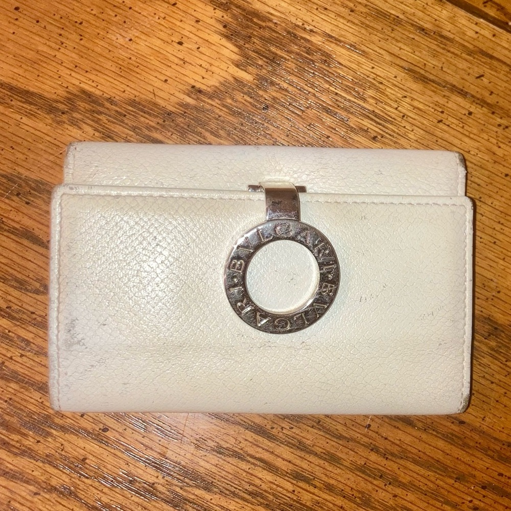 BVLGARI Key Card Holder Cream Leather with Silver Branded Hardware